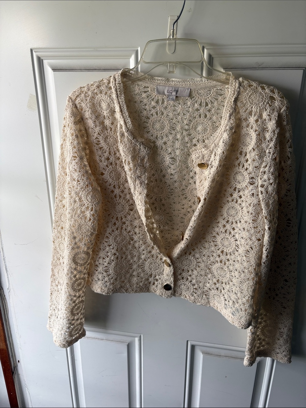 LOFT Cream Crochet Open-Knit Button Cardigan